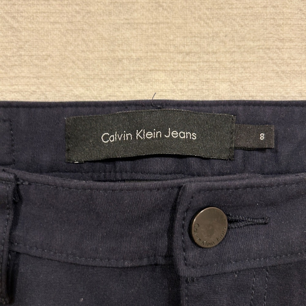 Calvin Klein Jeans Womens Size 8 Navy Blue Skinny Pants Faux Leather Trim - Picture 5 of 14